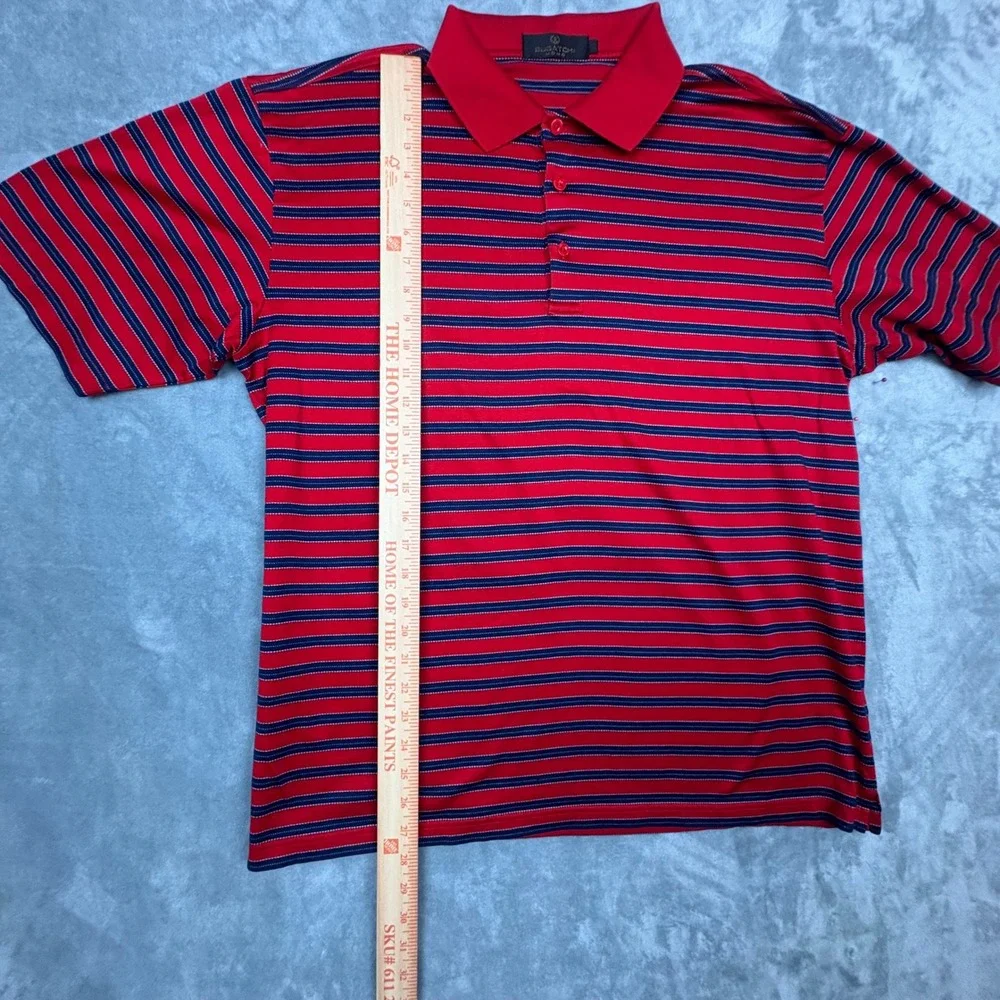 Bugatchi Uomo Men L. Red Blue Striped Polo Shirt 100% Mercerized Egyptian Cotton